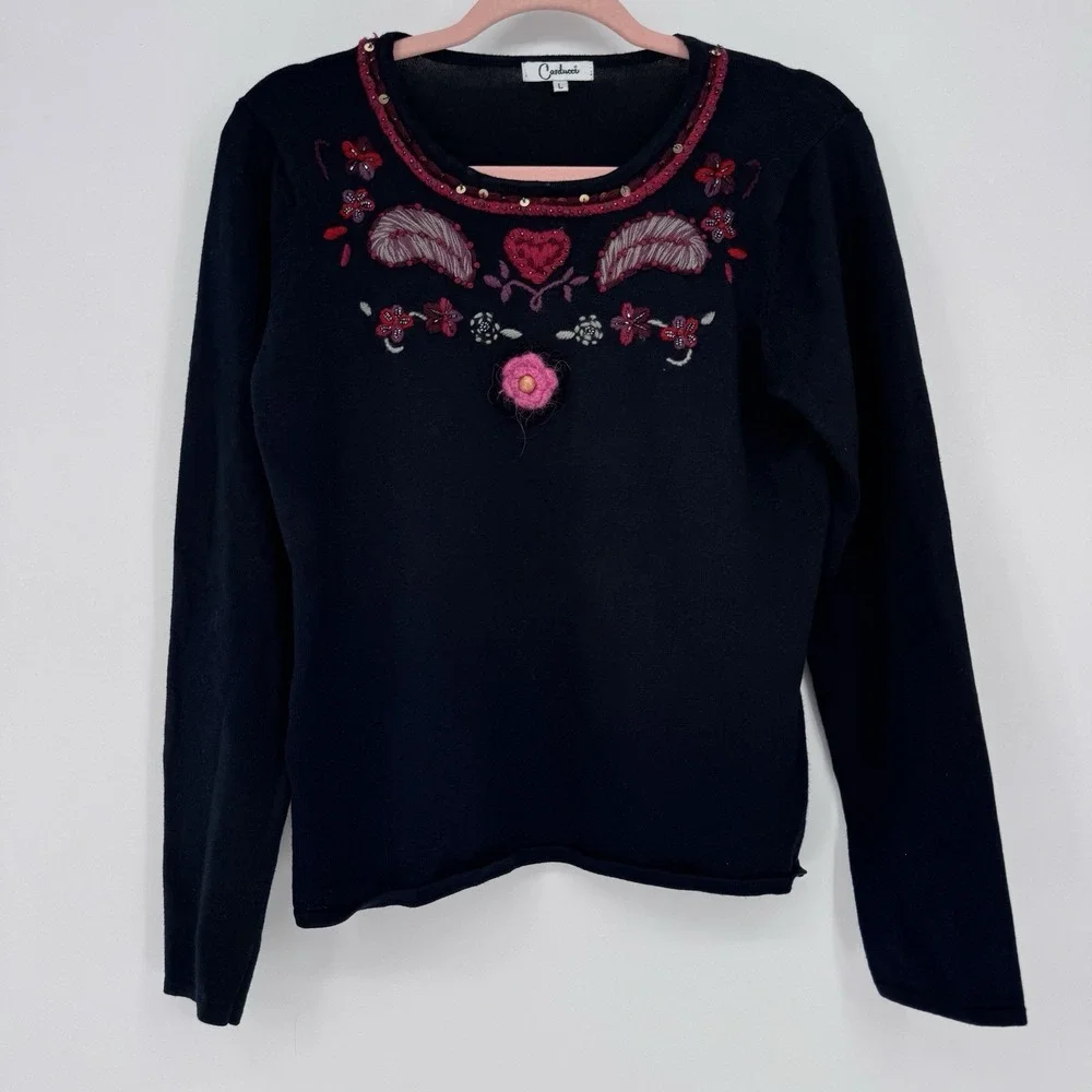 Carducci Black Knit Sweater Large Embroidered Floral Heart Coquette Boho Y2K